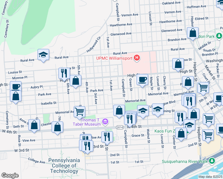 map of restaurants, bars, coffee shops, grocery stores, and more near 830 Park Avenue in Williamsport
