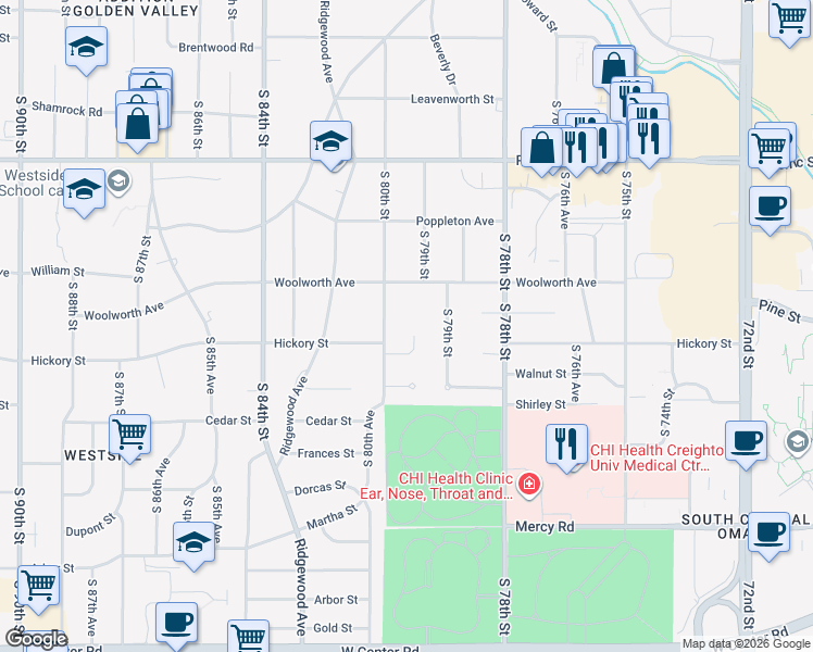 map of restaurants, bars, coffee shops, grocery stores, and more near 1602 South 79th Avenue in Omaha