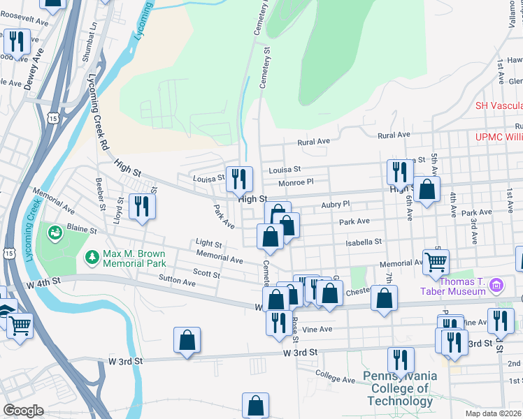 map of restaurants, bars, coffee shops, grocery stores, and more near 1360-1398 Aubry Pl in Williamsport