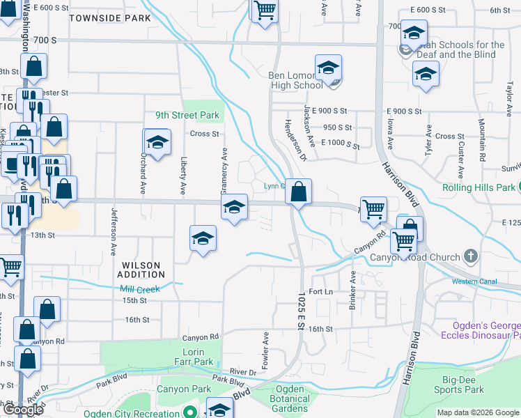 map of restaurants, bars, coffee shops, grocery stores, and more near 913 12th Street in Ogden