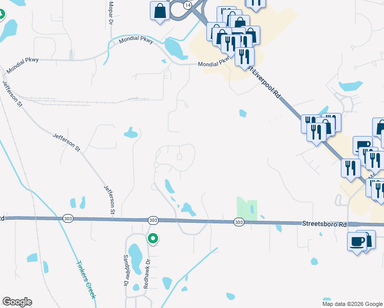 map of restaurants, bars, coffee shops, grocery stores, and more near 9344 Hickory Ridge Drive in Streetsboro