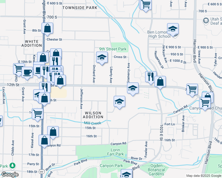 map of restaurants, bars, coffee shops, grocery stores, and more near 749 12th Street in Ogden