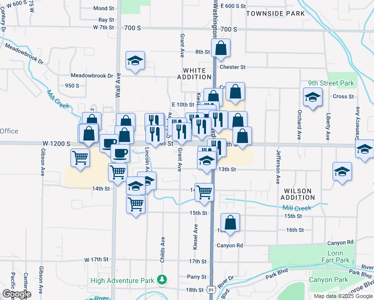 map of restaurants, bars, coffee shops, grocery stores, and more near 1216 Grant Avenue in Ogden