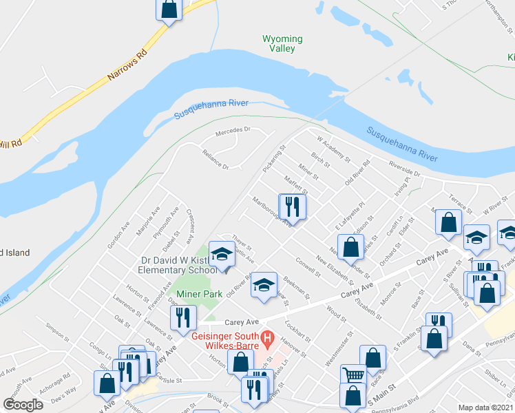 map of restaurants, bars, coffee shops, grocery stores, and more near 90 Marlboro Ave in Wilkes-Barre
