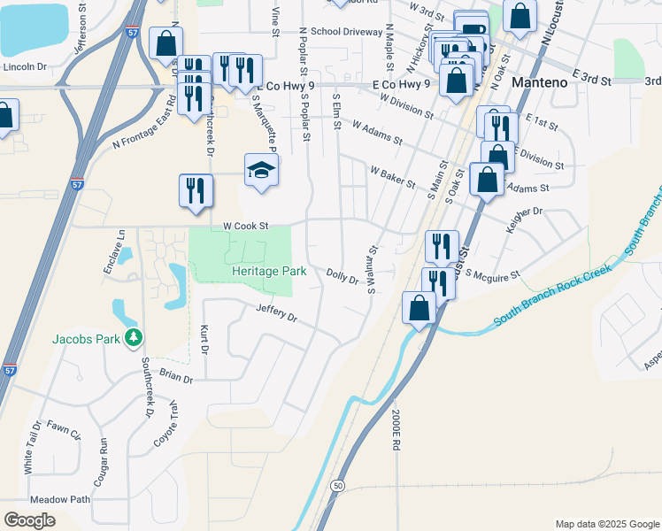 map of restaurants, bars, coffee shops, grocery stores, and more near 419 Dolly Drive in Manteno