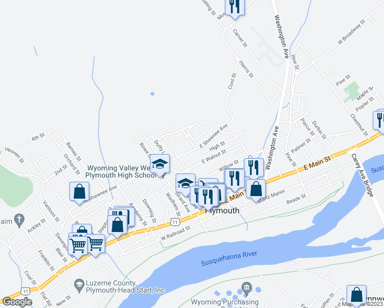 map of restaurants, bars, coffee shops, grocery stores, and more near 60 East Shawnee Avenue in Plymouth