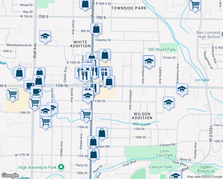 map of restaurants, bars, coffee shops, grocery stores, and more near 475 12th Street in Ogden