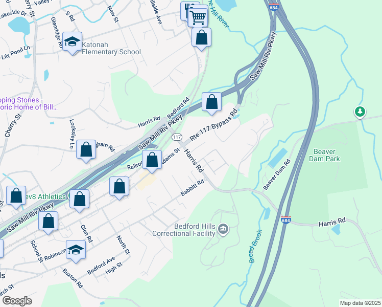 map of restaurants, bars, coffee shops, grocery stores, and more near 190 Harris Road in Bedford Hills