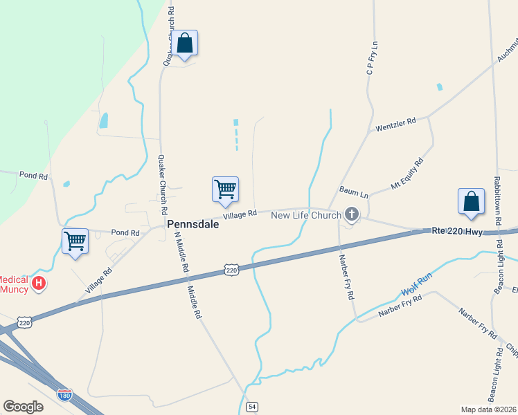 map of restaurants, bars, coffee shops, grocery stores, and more near 2-398 Worthington Lane in Muncy