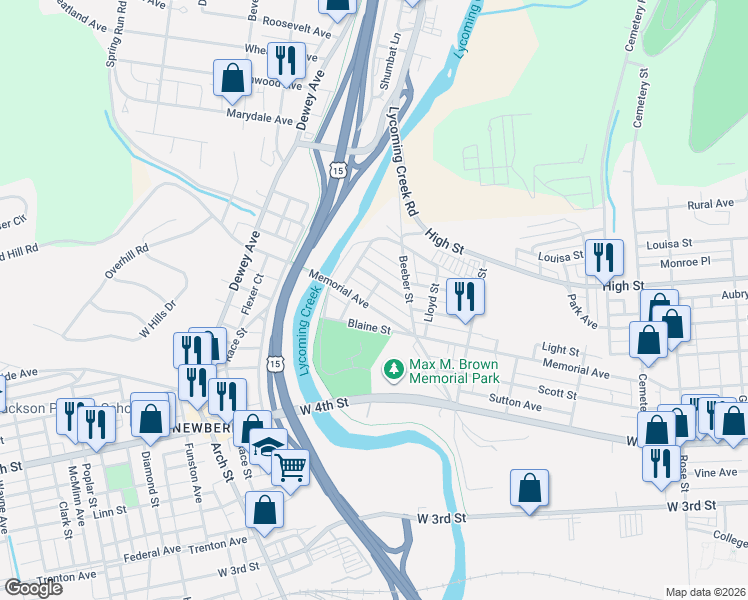 map of restaurants, bars, coffee shops, grocery stores, and more near 1756 Memorial Avenue in Williamsport