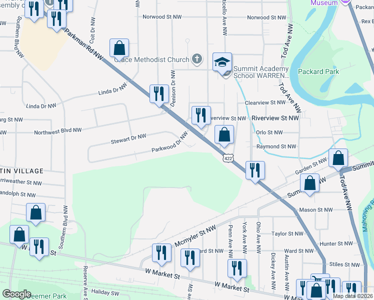 map of restaurants, bars, coffee shops, grocery stores, and more near 1500 Stewart Circle Northwest in Warren