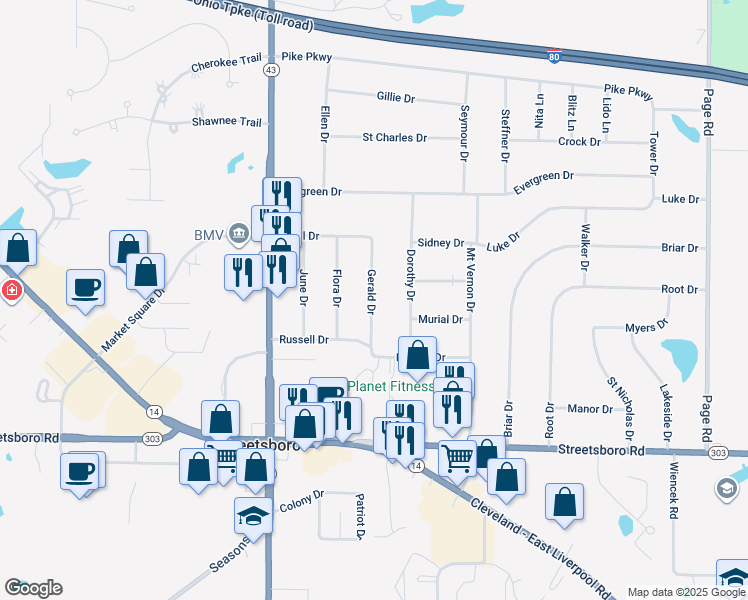 map of restaurants, bars, coffee shops, grocery stores, and more near 9292 Gerald Drive in Streetsboro