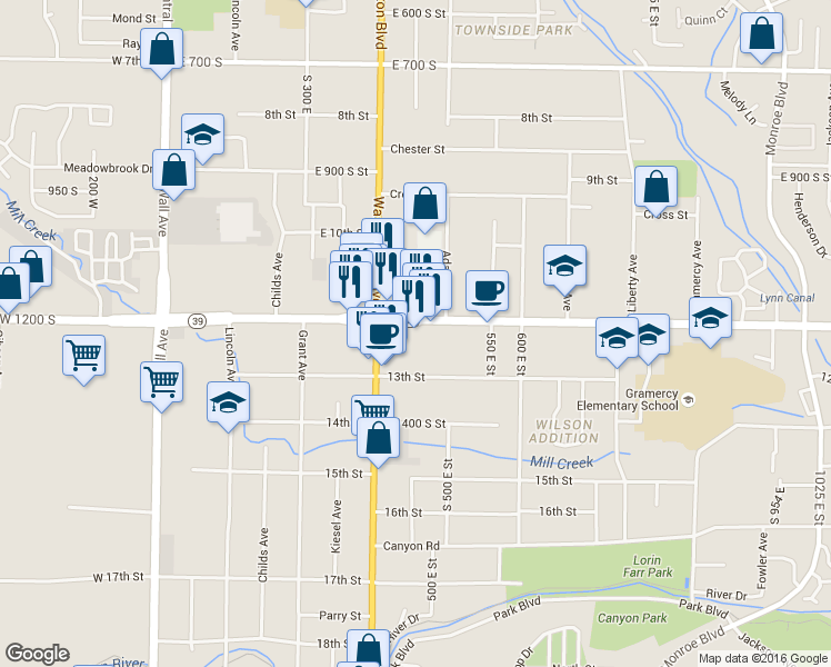 map of restaurants, bars, coffee shops, grocery stores, and more near 465 12th Street in Ogden