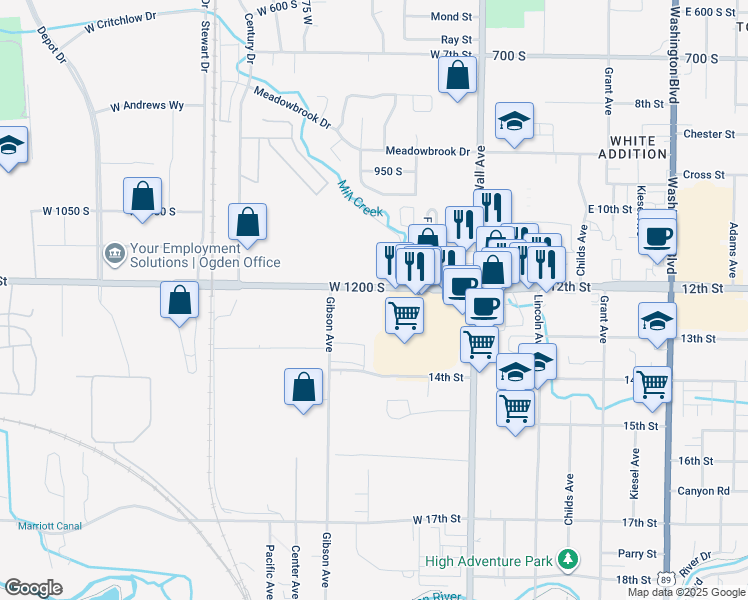 map of restaurants, bars, coffee shops, grocery stores, and more near 251 West 12th Street in Ogden