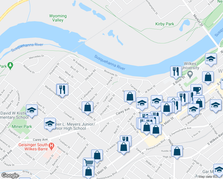 map of restaurants, bars, coffee shops, grocery stores, and more near 243 Academy Street in Wilkes-Barre