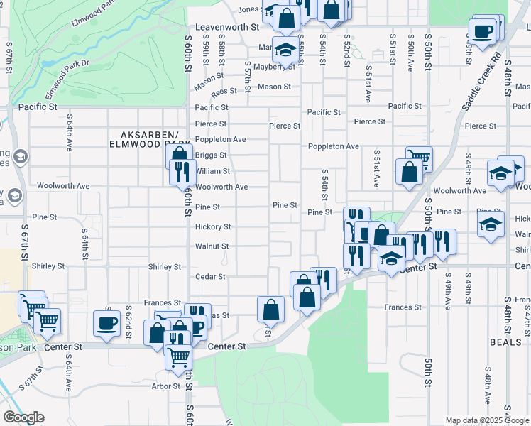 map of restaurants, bars, coffee shops, grocery stores, and more near 1606 South 56th Street in Omaha