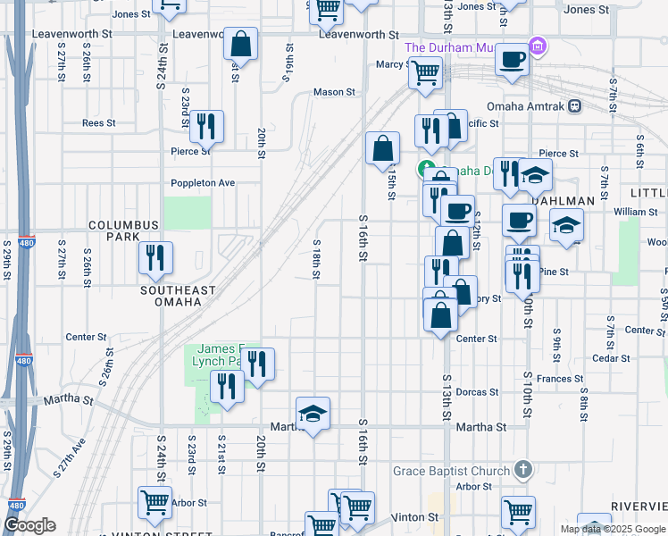 map of restaurants, bars, coffee shops, grocery stores, and more near 1450 South 17th Street in Omaha