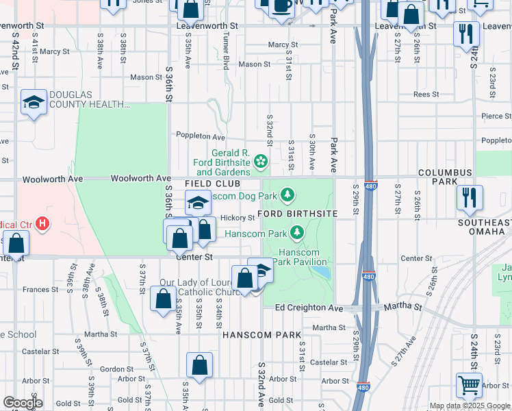 map of restaurants, bars, coffee shops, grocery stores, and more near 1608 South 32nd Avenue in Omaha