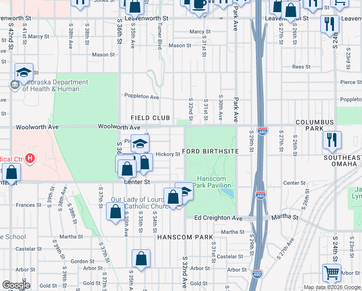 map of restaurants, bars, coffee shops, grocery stores, and more near 1608 South 32nd Avenue in Omaha