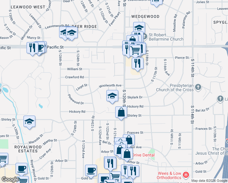 map of restaurants, bars, coffee shops, grocery stores, and more near 1522 S 121st St in Omaha