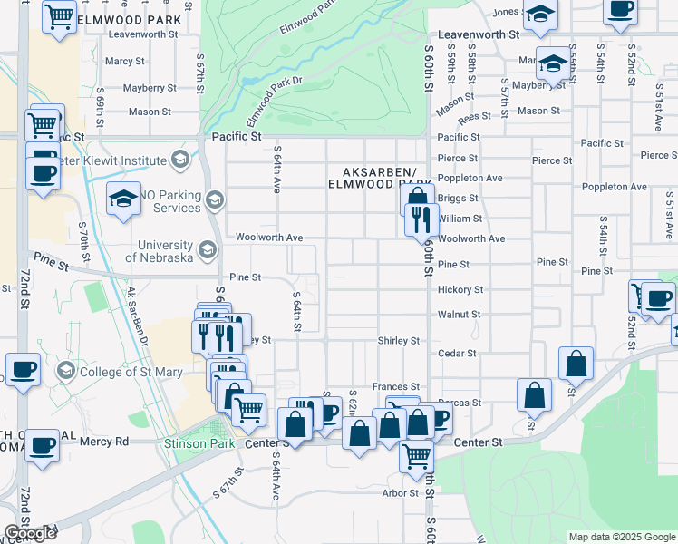 map of restaurants, bars, coffee shops, grocery stores, and more near 6265 Pine Street in Omaha
