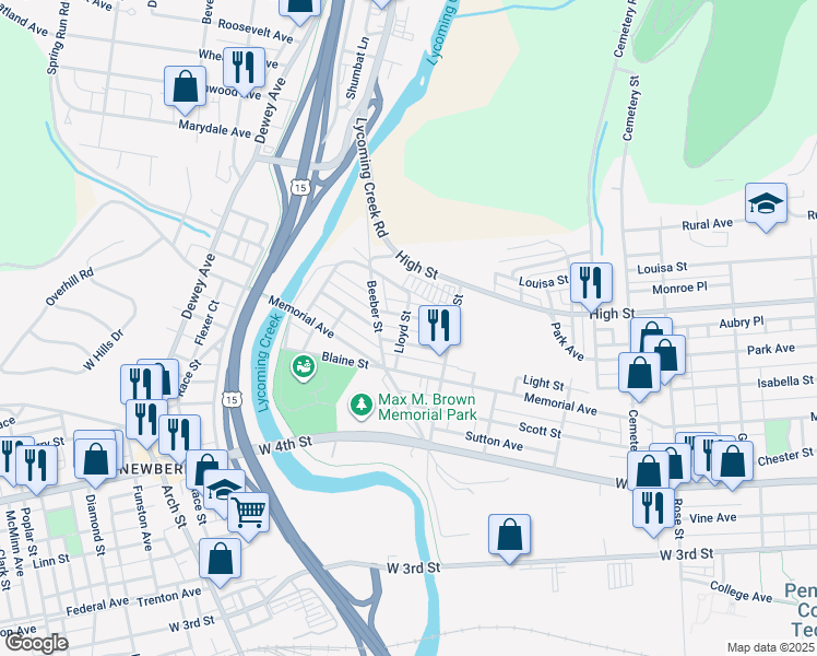 map of restaurants, bars, coffee shops, grocery stores, and more near 636 Lloyd Street in Williamsport