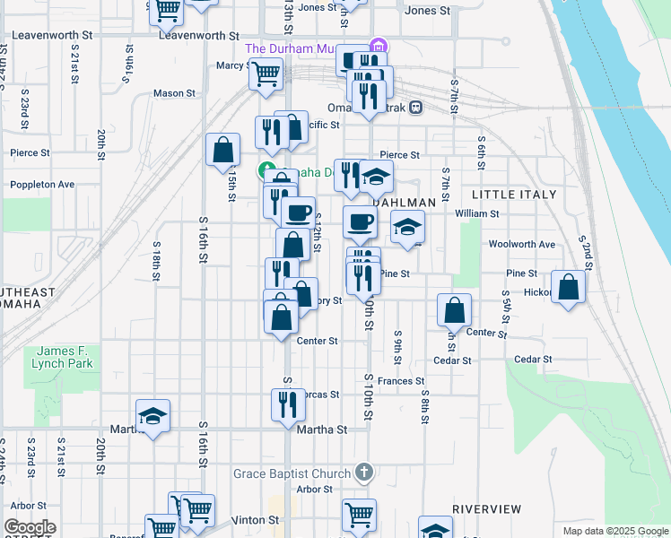 map of restaurants, bars, coffee shops, grocery stores, and more near 1446 South 11th Street in Omaha