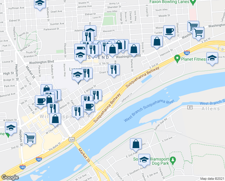 map of restaurants, bars, coffee shops, grocery stores, and more near 222 Chatham Street in Williamsport