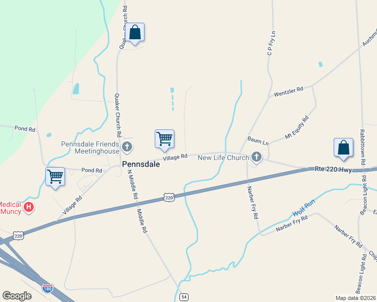 map of restaurants, bars, coffee shops, grocery stores, and more near 2-398 Worthington Lane in Muncy