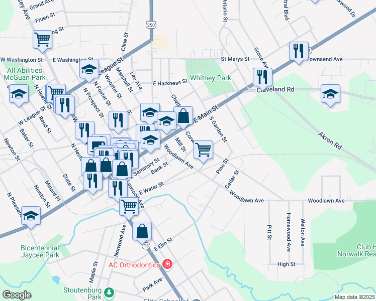 map of restaurants, bars, coffee shops, grocery stores, and more near 20 Corwin Street in Norwalk