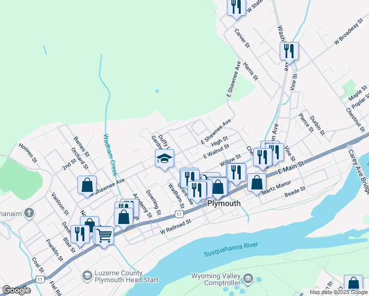 map of restaurants, bars, coffee shops, grocery stores, and more near 11 E Shawnee Ave in Plymouth