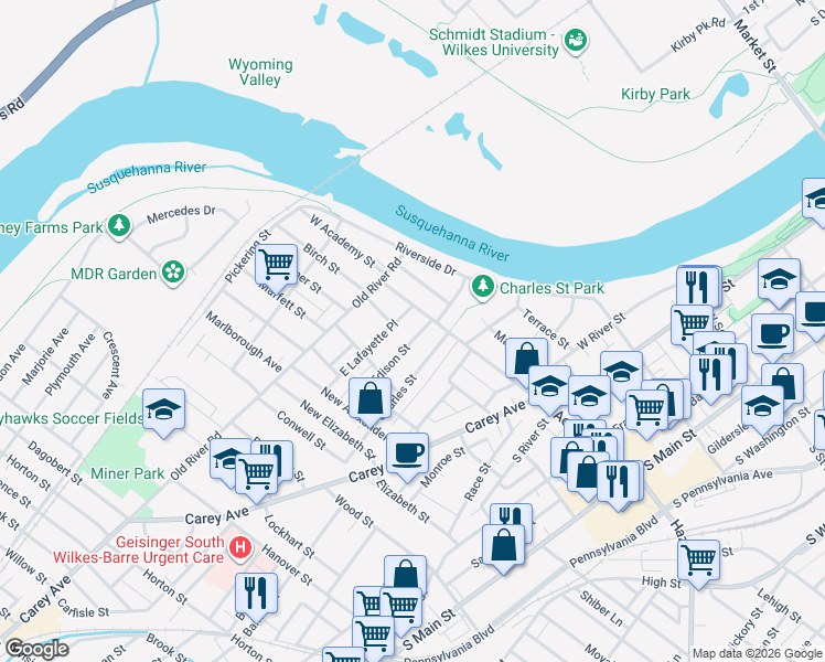map of restaurants, bars, coffee shops, grocery stores, and more near 19 Edison Street in Wilkes-Barre