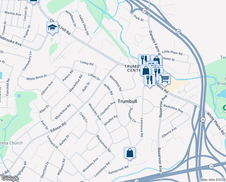 map of restaurants, bars, coffee shops, grocery stores, and more near 21 Arden Road in Trumbull