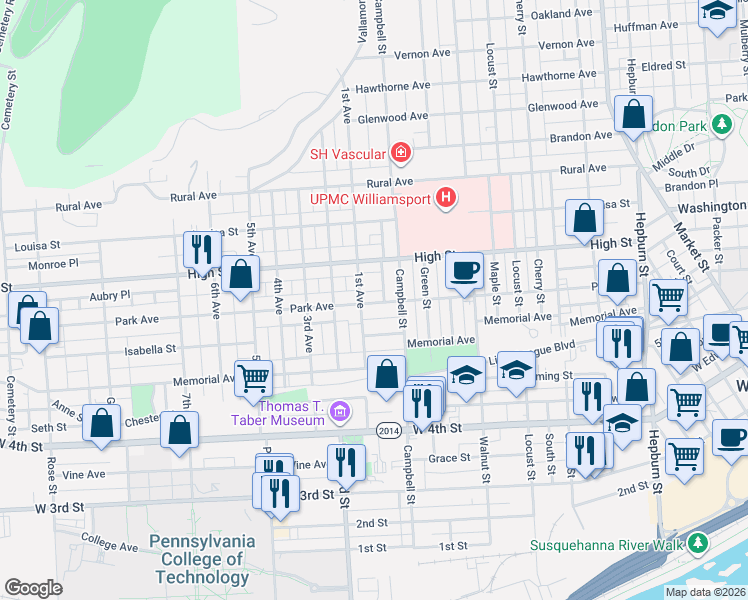 map of restaurants, bars, coffee shops, grocery stores, and more near 820 Park Avenue in Williamsport