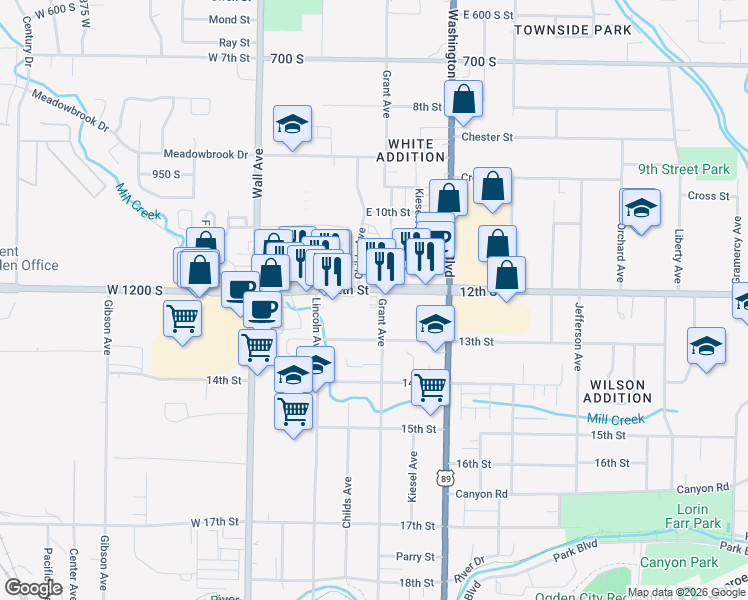 map of restaurants, bars, coffee shops, grocery stores, and more near 275 12th Street in Ogden