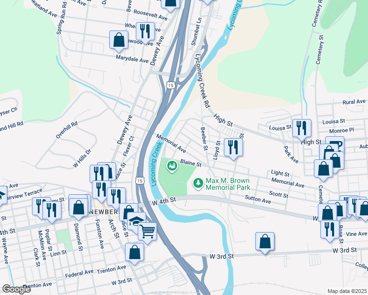 map of restaurants, bars, coffee shops, grocery stores, and more near 1756 Memorial Avenue in Williamsport
