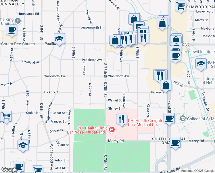map of restaurants, bars, coffee shops, grocery stores, and more near 7727 Pine Circle in Omaha