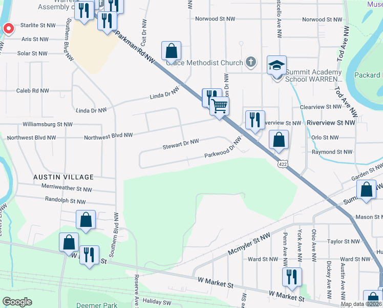 map of restaurants, bars, coffee shops, grocery stores, and more near 2098 Parkwood Drive Northwest in Warren