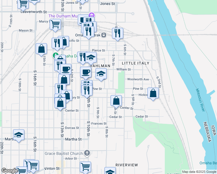 map of restaurants, bars, coffee shops, grocery stores, and more near 720 Pine Street in Omaha