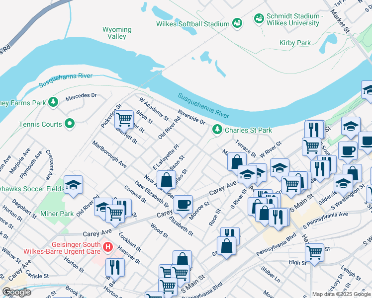 map of restaurants, bars, coffee shops, grocery stores, and more near 19 Edison Street in Wilkes-Barre