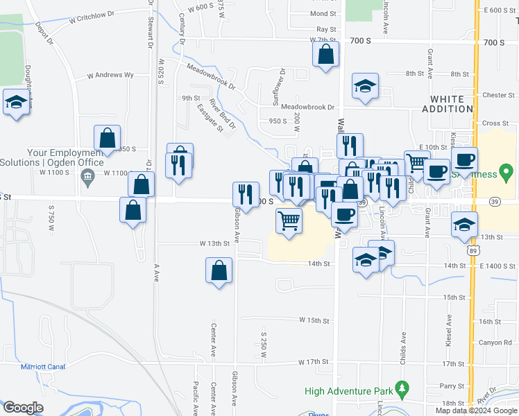 map of restaurants, bars, coffee shops, grocery stores, and more near 251 West 12th Street in Ogden