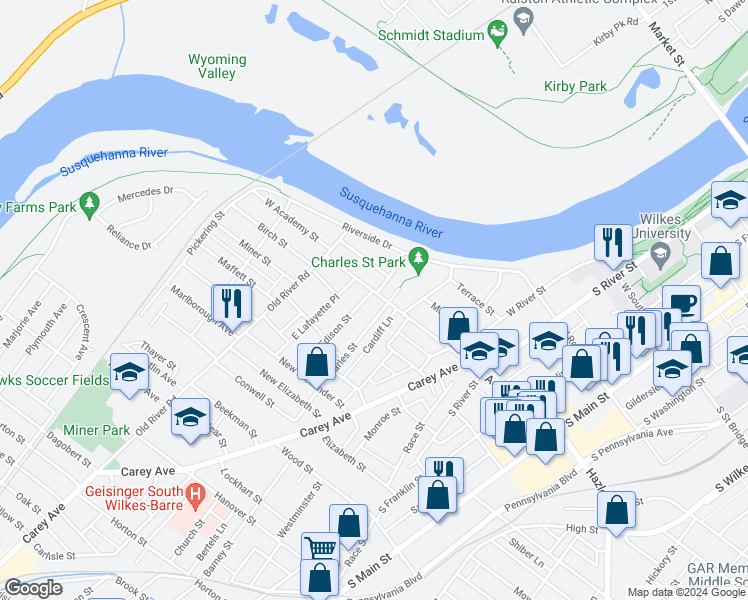 map of restaurants, bars, coffee shops, grocery stores, and more near 243 Academy Street in Wilkes-Barre