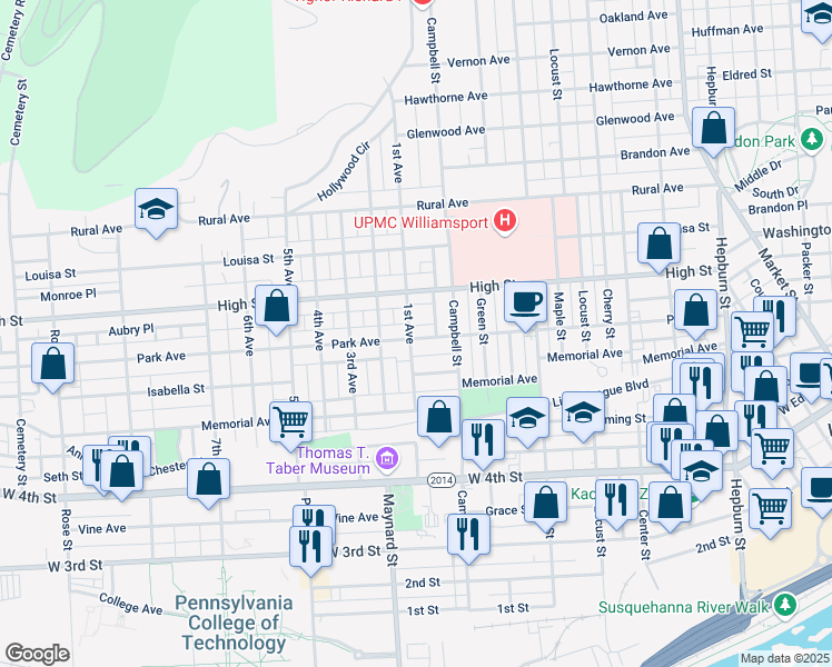 map of restaurants, bars, coffee shops, grocery stores, and more near 830 Park Avenue in Williamsport