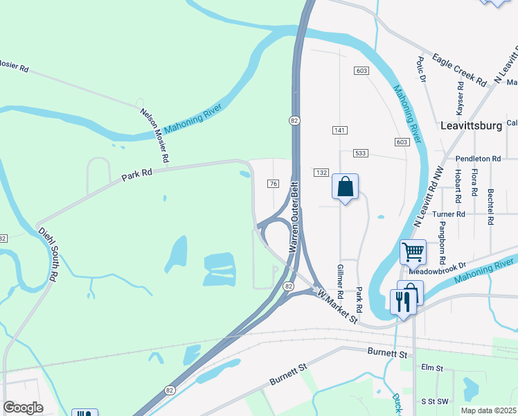 map of restaurants, bars, coffee shops, grocery stores, and more near 525 County Highway 845 in Leavittsburg