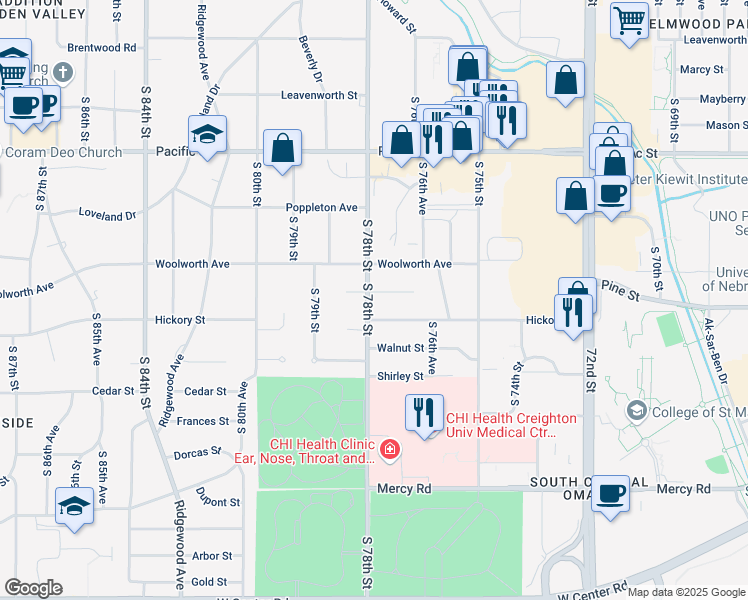map of restaurants, bars, coffee shops, grocery stores, and more near 7727 Pine Circle in Omaha
