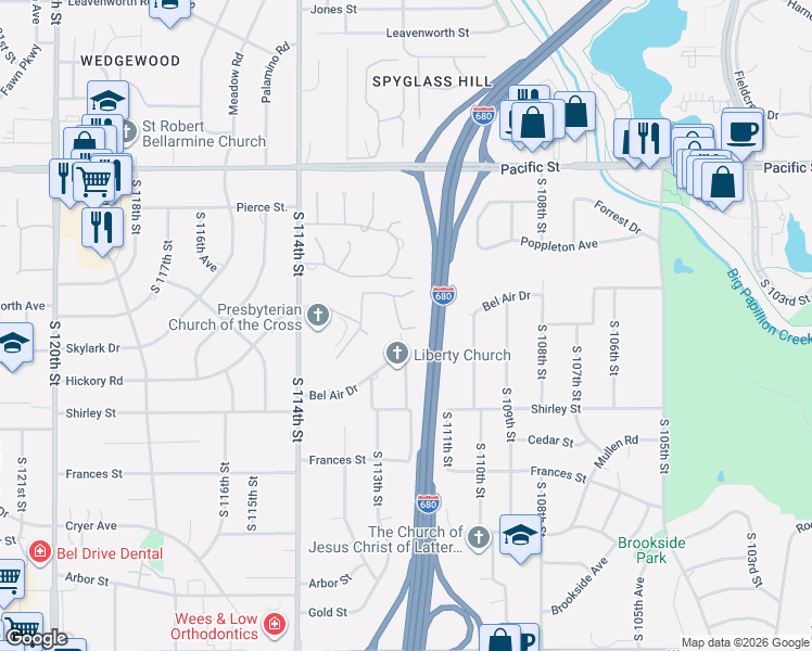 map of restaurants, bars, coffee shops, grocery stores, and more near 11120 Pine Plaza in Omaha