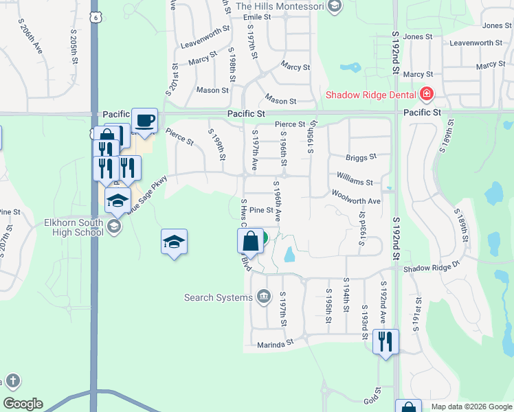 map of restaurants, bars, coffee shops, grocery stores, and more near 19662 Pine Street in Omaha