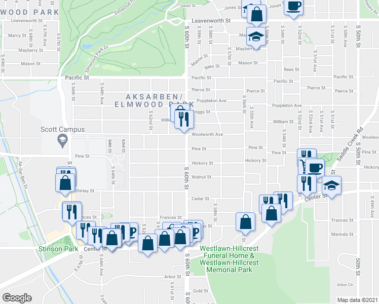 map of restaurants, bars, coffee shops, grocery stores, and more near 5855 Pine Street in Omaha