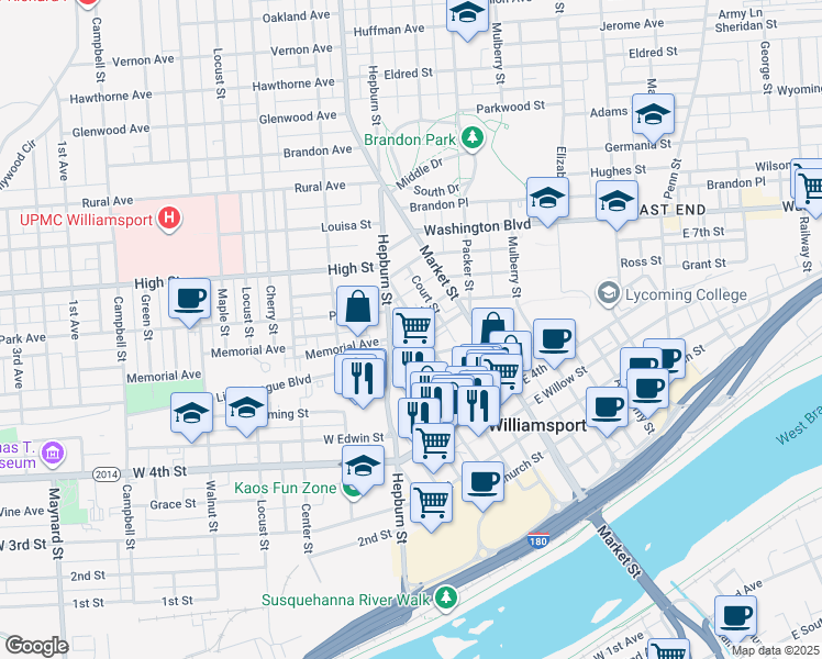 map of restaurants, bars, coffee shops, grocery stores, and more near 520 Pine Street in Williamsport