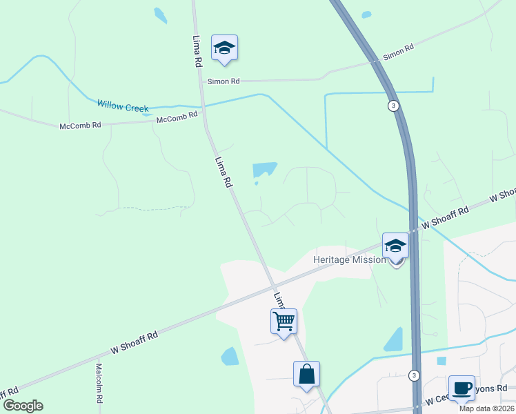 map of restaurants, bars, coffee shops, grocery stores, and more near 17312 Lima Road in Huntertown